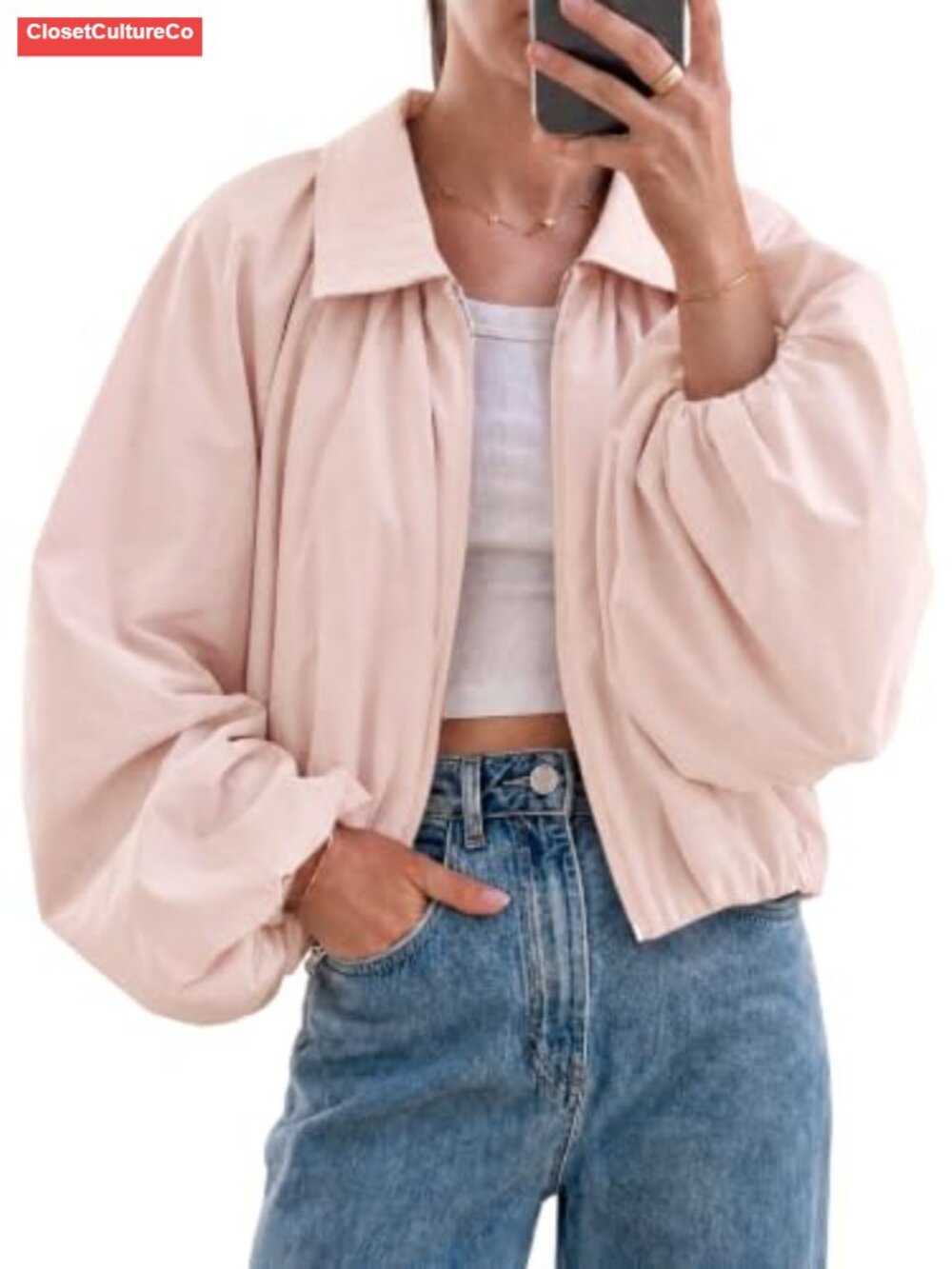 Womens Cropped Bomber Jacket Zip Up Balloon Sleeve Oversized Casual Coat